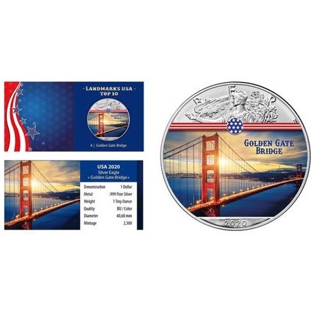 ÉTATS UNIS - 1 DOLLAR 2020 - GOLDEN GATE BRIDGE - 1 ONCE ARGENT