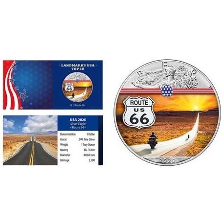 ÉTATS UNIS - 1 DOLLAR 2020 - ROUTE 66 - 1 ONCE ARGENT