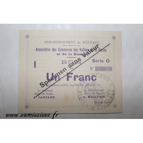 08 - MEZIERES BRAUX - BON DE 1 FRANC 1915 - CAISSE D'EPARGNE - SPECIMEN