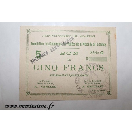 08 - MEZIERES BRAUX - BON DE 5 FRANCS 1915 - CAISSE D'EPARGNE - SPECIMEN