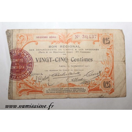 Komitat 02 - LAON - GUTSCHEIN FÜR 25 CENTIMES 1915 - 19.09 - SERIEN 16