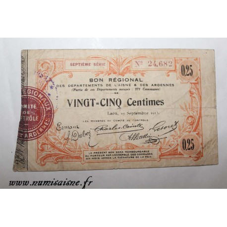 Komitat 02 - LAON - GUTSCHEIN FÜR 25 CENTIMES 1915 - 19.09 - SERIEN 7