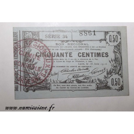 02 - LAON - BON DE 50 CENTIMES 1916 - 16.06 - SÉRIE 34 - DV