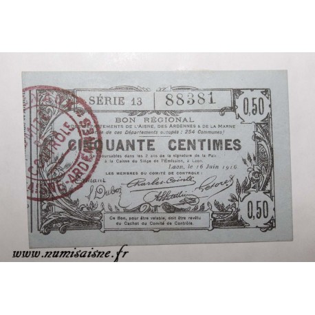 02 - LAON - BON DE 50 CENTIMES 1916 - 16.06 - SERIE 13 - DV