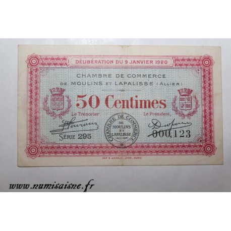 02 - MOULINS ET LAPALISSE - BON DE 50 CENTIMES 1920 - 09.01 - SERIE 295 - DV