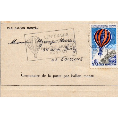 FRANCE - CENTENARY OF THE POST OFFICE BY BALLON MONTE - 1870-1970