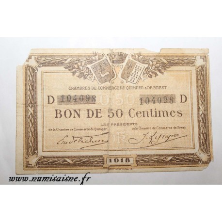 County 29 - QUIMPER - 50 CENTIMES 1918 - CHAMBER OF COMMERCE
