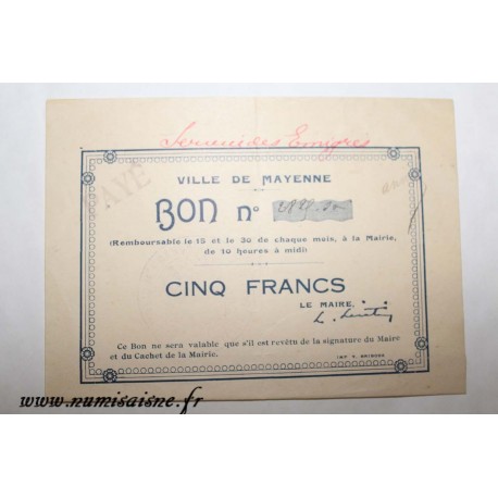 County 53 - MAYENNE - VOUCHER OF 5 FRANCS