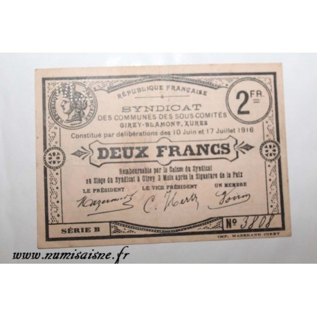 County 54 - CIREY - BLAMONT - XURES - 2 FRANCS 1916