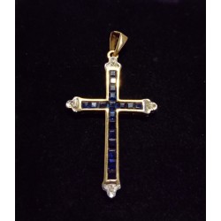 YELLOW GOLD CROSS PENDANT - 18 CARATS - ENDS IN WHITE GOLD - 20 SAPPHIRES