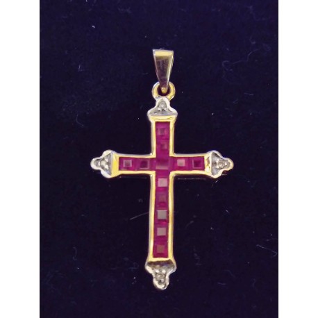 YELLOW GOLD CROSS PENDANT - 18 CARATS - ENDS IN WHITE GOLD - 12 RUBIES