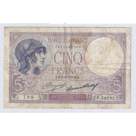 FAY 03/17 - 5 FRANCS VIOLET - 06/04/1933 - TRES BEAU PLUS - PICK 72