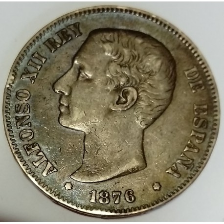 SPAIN - KM 671 - 5 PESETAS 1876 DEM - ALPHONSE XII