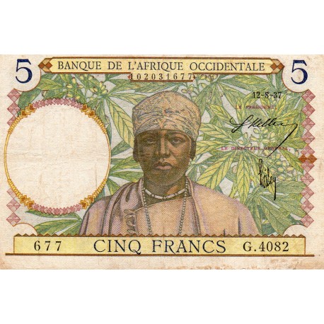 FRENCH WEST AFRICA - PICK 21 - 5 FRANCS - 12/08/1937