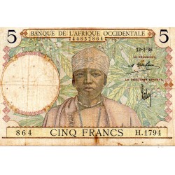 FRENCH WEST AFRICA - PICK 21 - 5 FRANCS - 12/03/1936