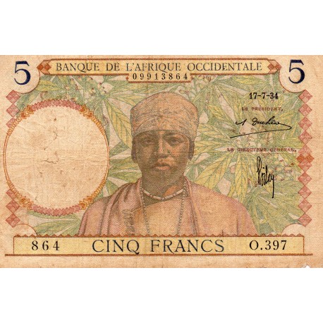 FRENCH WEST AFRICA - PICK 21 - 5 FRANCS - 17/07/1934