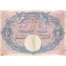 FAY 14/28 - 50 FRANCS BLEU ET ROSE - 30/03/1915 - TYPE 1889 - MANQUE PAPIER - PICK 64