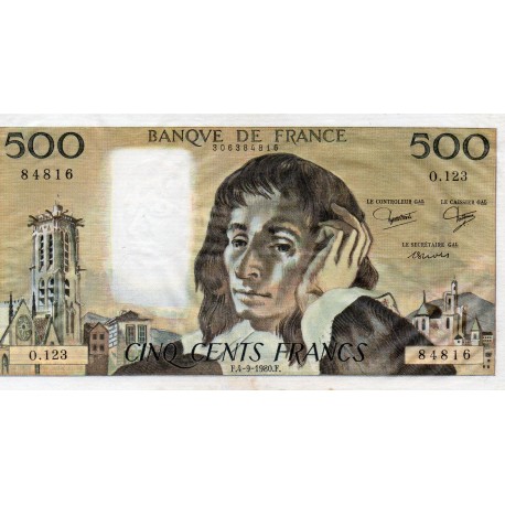 FRANCE - PICK 156 - 500 FRANCS PASCAL - 04/09/1980 - O.123