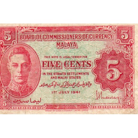 MALAYSIA - MALAYA - PICK 7 b - 5 CENTS - 01/07/1941