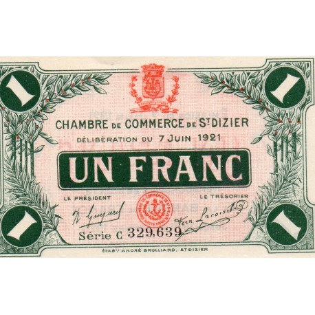 52 - ST DIZIERS - 1 FRANC 1921 - 07.06 - CHAMBRE DE COMMERCE