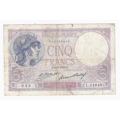 FAY 03/10 - 5 FRANCS VIOLET - 02/09/1926 - TRES TRES BEAU - PICK 72