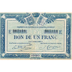 29 - QUIMPER - BREST - 1 FRANC 1920 - CHAMBRE DE COMMERCE