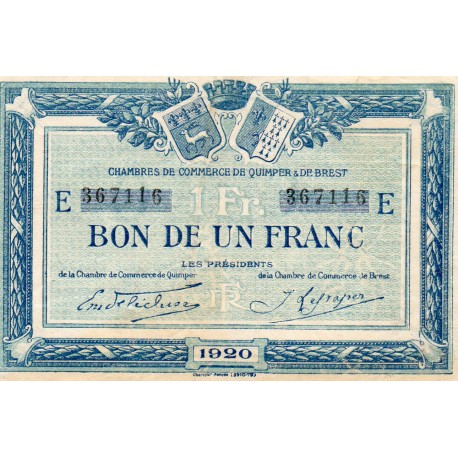 County 29 - QUIMPER - BREST - 1 FRANC 1920 - CHAMBER OF COMMERCE