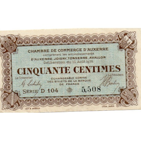 COUNTY 89 - AUXERRE -  50 CENTIMES 1916 - CHAMBER OF COMMERCE