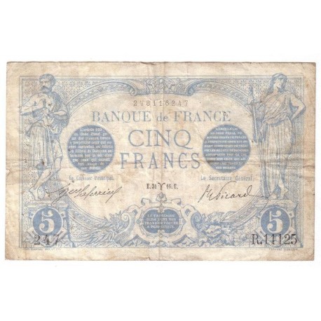 FAY 02/37 - 5 FRANCS BLEU - 31/03/1916 - BELIER - TRES TRES BEAU - PICK 70