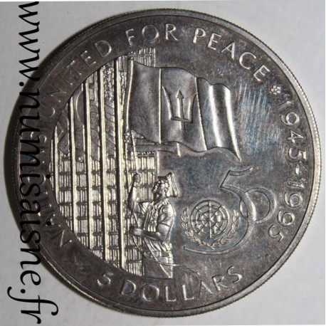 BARBADOS - KM 62 - 5 DOLLARS 1995 - 50 years of U.N. - NATIONS UNITED FOR PEACE