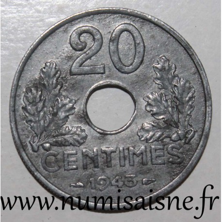 FRANCE - KM 900 - 20 CENTIMES 1943 - TYPE 20 - Thin Edge