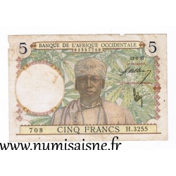 FRENCH WEST AFRICA - PICK 21 - 5 FRANCS - 12/08/1937