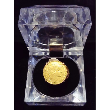 YELLOW GOLD RING - 18 CARATS - COIN HOLDER WITH 10 FRANCS GOLD 'MARIANNE' TYPE - SIZE