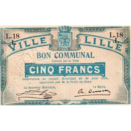 COUNTY 59 - LILLE - COMMUNAL VOUCHER - 5 FRANCS - 31/08/1914