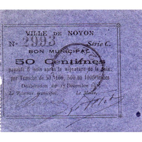 COUNTY 60 - NOYON - MUNICIPAL VOUCHER - 50 CENTS - 17/12/1915