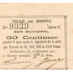 60 - NOYON - BON MUNICIPAL - 50 CENTIMES - 17/12/1915