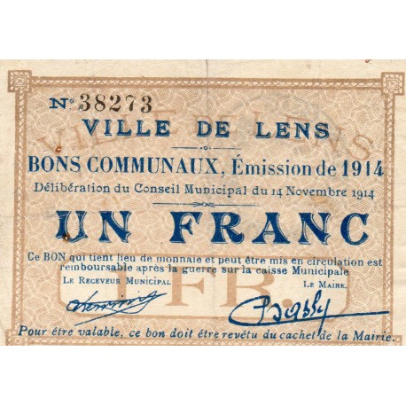 COUNTY 62 - LENS - 1 FRANC - 14/11/1914