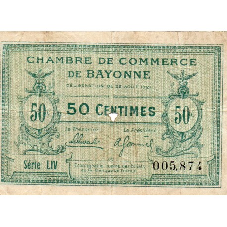 COUNTY 64 - BAYONNE - 50 CENTIMES - 26/08/1921 - CHAMBER OF COMMERCE