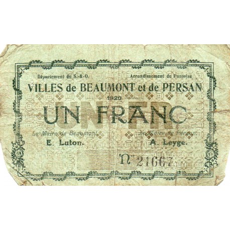 COUNTY 95 - BEAUMONT ET PERSAN - 1 FRANC - 1920