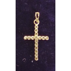 YELLO GOLD CROSS PENDANT - 18 CARATS - DECORATED WITH 16 EMERALDS OF 0.01 CARAT EACH