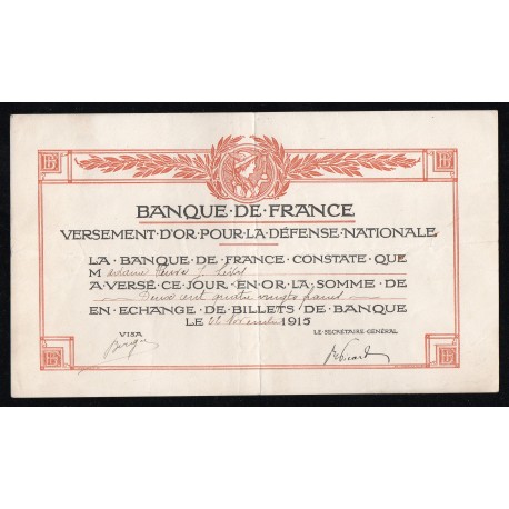 BANQUE DE FRANCE - GOLD PAYOUT FOR NATIONAL DEFENSE - 22/11/1915