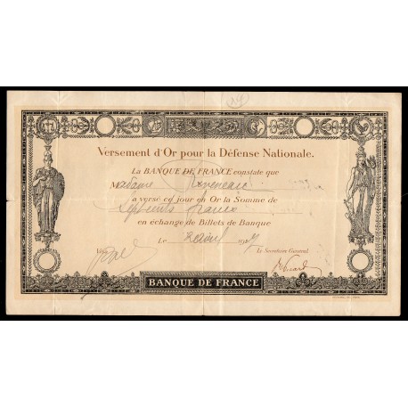 BANQUE DE FRANCE - GOLD PAYOUT FOR NATIONAL DEFENSE - 02/04/1917