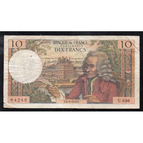 FRANCE - PICK 147 - 10 FRANCS VOLTAIRE - 02/08/1973 - U.896