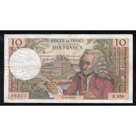 FRANCE - PICK 147 - 10 FRANCS VOLTAIRE - 02/08/1973 - M.896