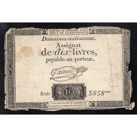 ASSIGNAT OF 10 LIVRES - 24/10/1792 - NATIONAL DOMAINS - 3858 SERIES