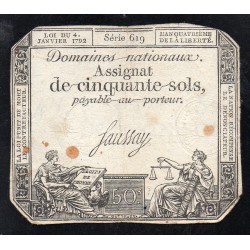 ASSIGNAT OF 50 SOLS - 04/01/1792 - NATIONAL DOMAINS - 619 SERIES