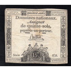 ASSIGNAT DE 15 SOLS - 04/01/1792 - DOMAINES NATIONAUX - SERIE 838