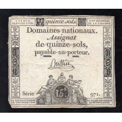 ASSIGNAT OF 15 SOLS - 04/01/1792 - NATIONAL DOMAINS - SERIES 971