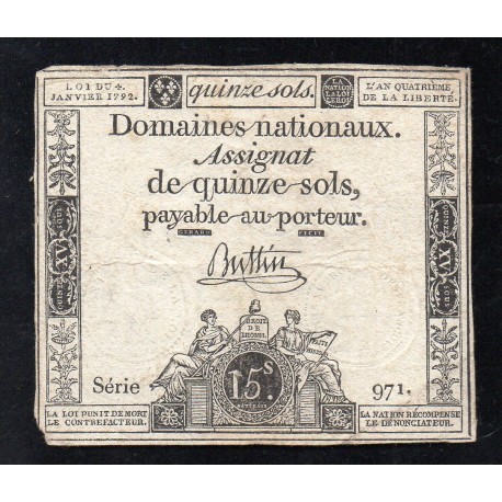 ASSIGNAT DE 15 SOLS - 04/01/1792 - DOMAINES NATIONAUX - SEREI 971