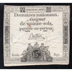 ASSIGNAT DE 15 SOLS - DOMAINES NATIONAUX - 24/10/1792 - SERIE 847